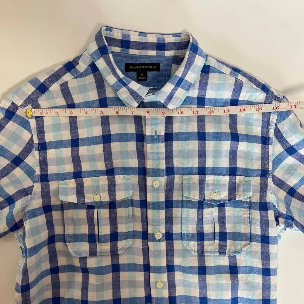 Banana Republic Men Linen/Cotton Blue and White Plaid Shirt Sz M